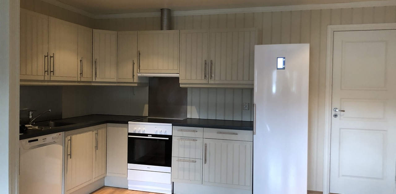 Kjøkenkrok med oppvaskmaskin, kjøleskåp (nytt hausten 2019) og komfyr (ny hausten 2019)