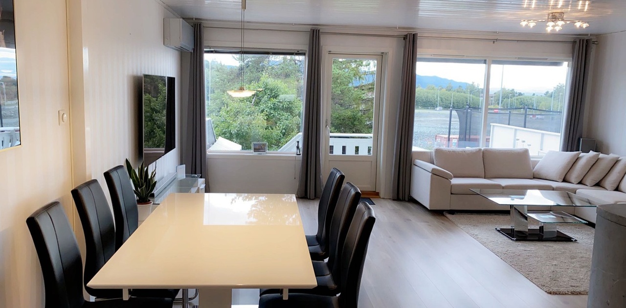 Romslig stue med store vindusflater som slipper inn mye lys