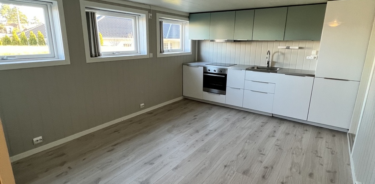 Stue og kjøkken. Vegger i beige farge. 3 vinduer ut mot hagen til utleier. Her er hybelen nå møblert med sovesofa og et lite enkelt sett med sofabord.