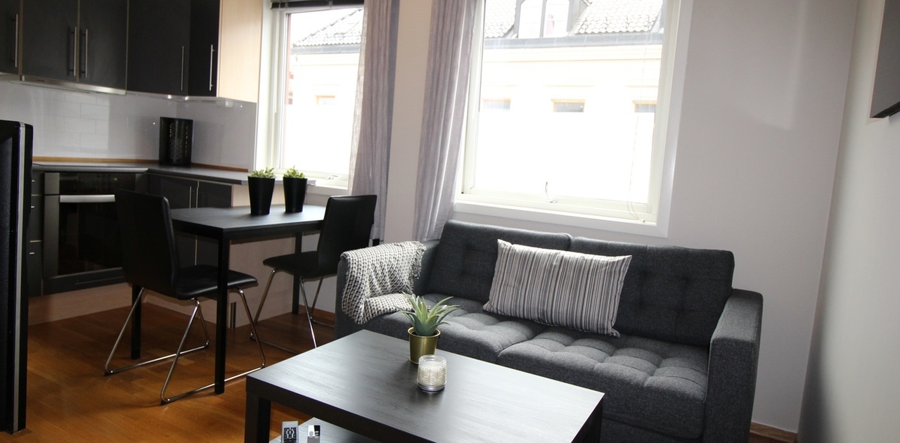 Stue/kjøkken med sofa og spiseplass