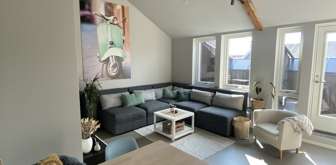 Deilig stue, masse plass i sofaen for oppbevaring.