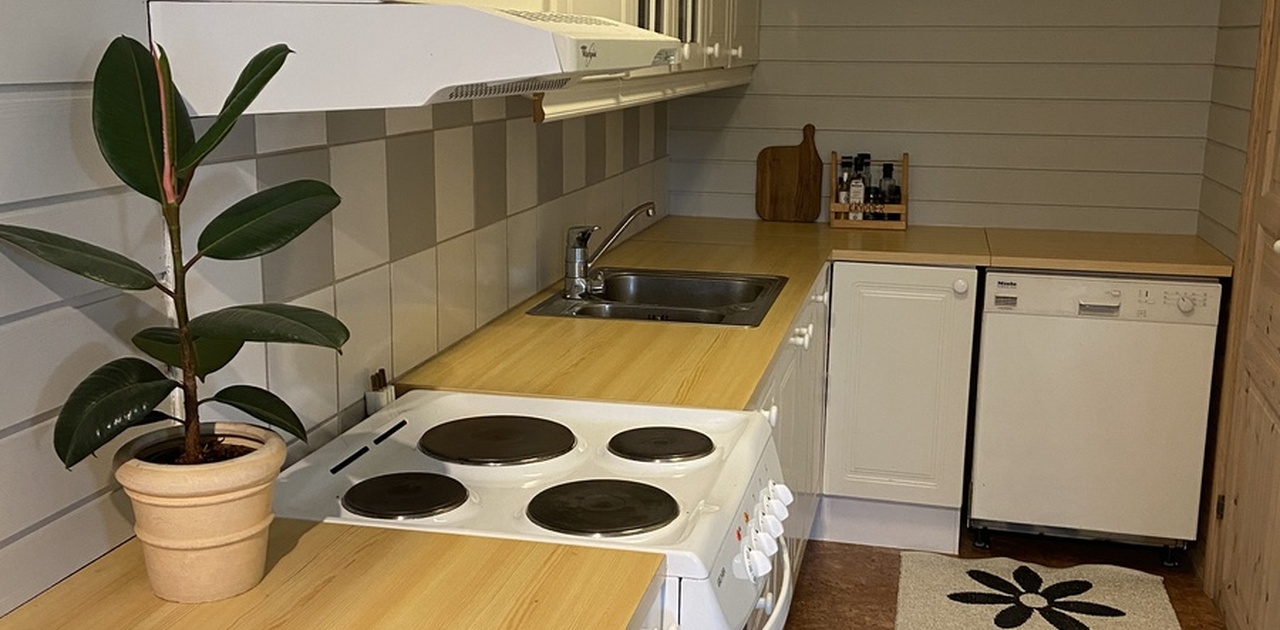 Kjøkken med oppvaskmaskin, komfyr og kjøleskap