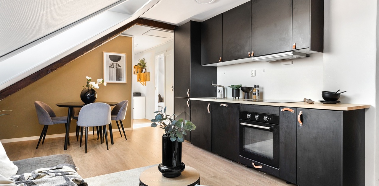 Nyoppusset kjøkken og stue. Integrerte hvitevarer