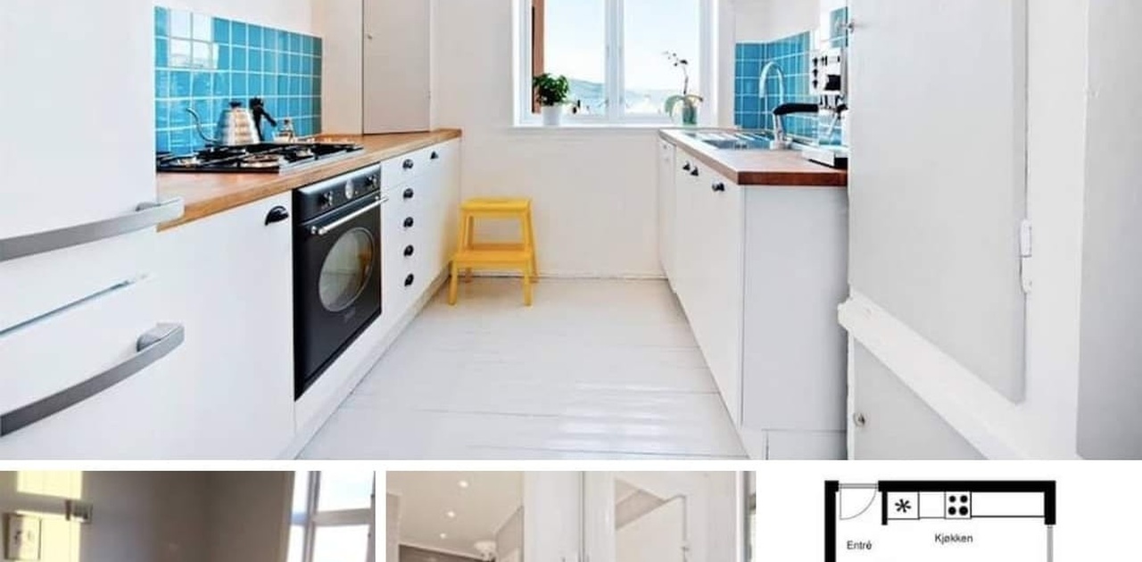 Kjøkken, stue med møbler leiligheten leies ut med, bad, og deler av plantegning