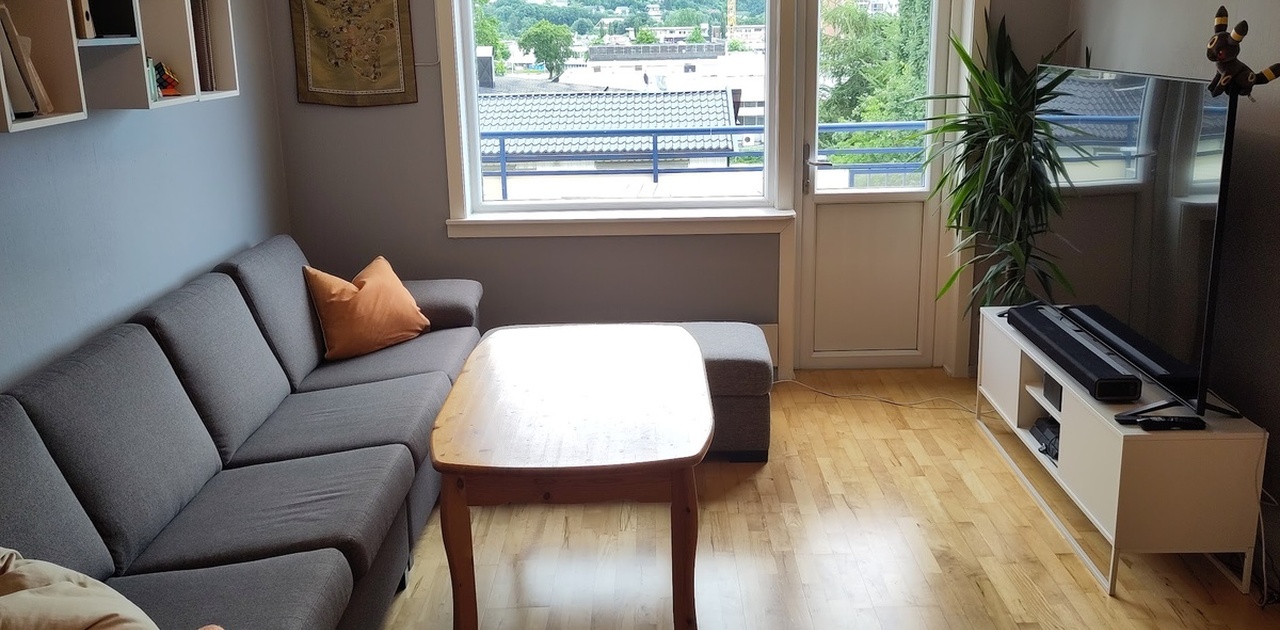 Romslig stue med stor sofa