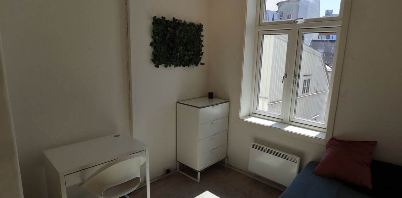 Rommet er på ca 8 m² og har vindu mot rolig bakgård.