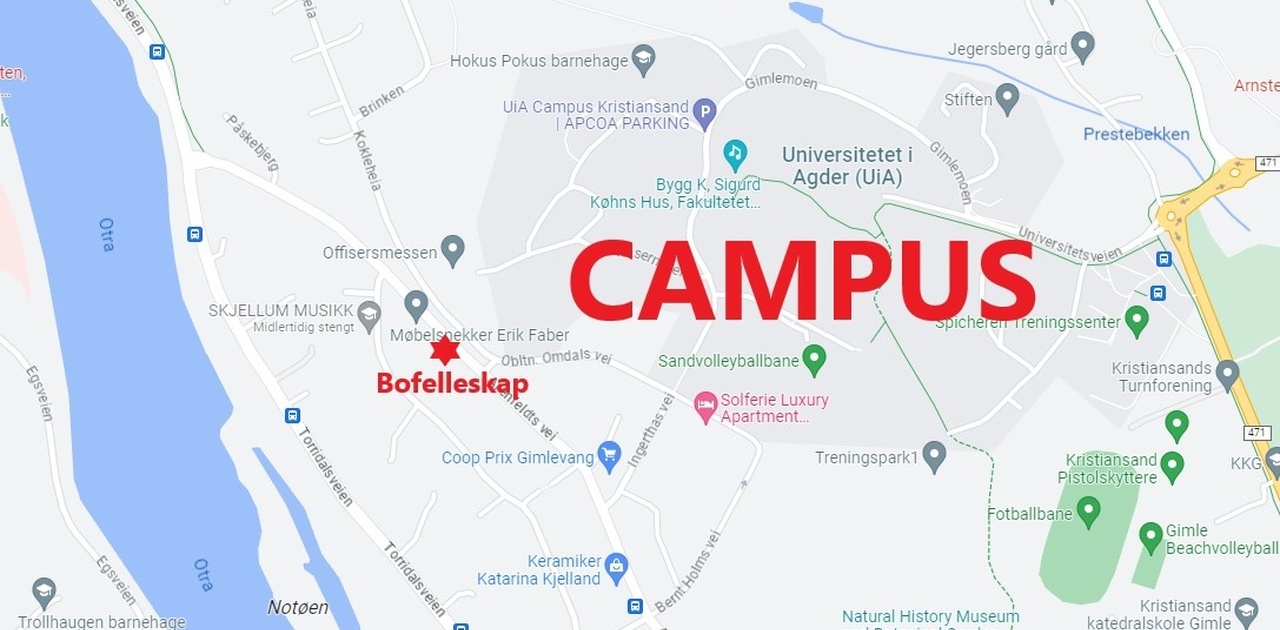 Gåavstand UiA - 2 min. Sykkelavstand sentrum - 5 min.
