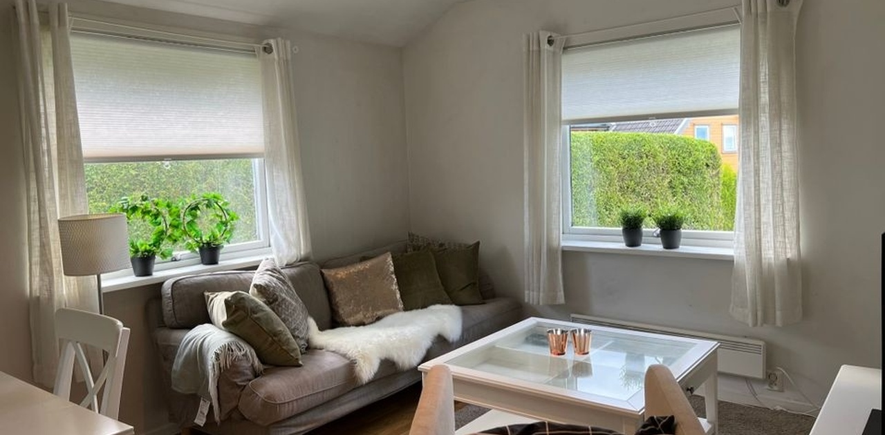 Stue med sofa, tv, bord, Apple tv,  tv benk.