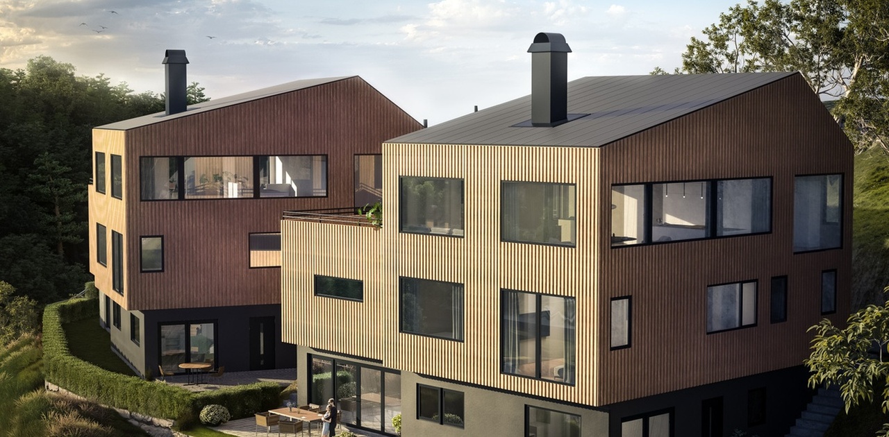 3D-illustrasjonsbilde av huset ( venstre i bildet ) hvor leiligheten kan sees i underetasjen.