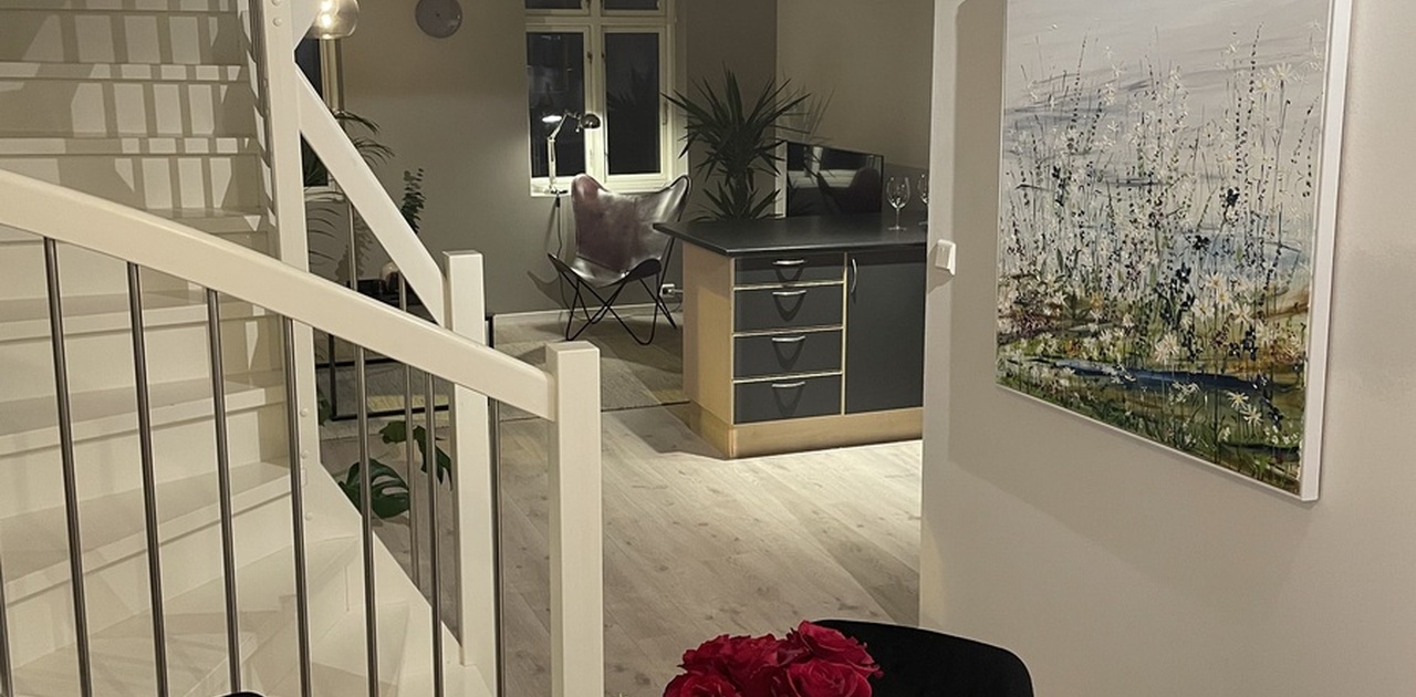 Main area consisting of dining table, living room and kitchen