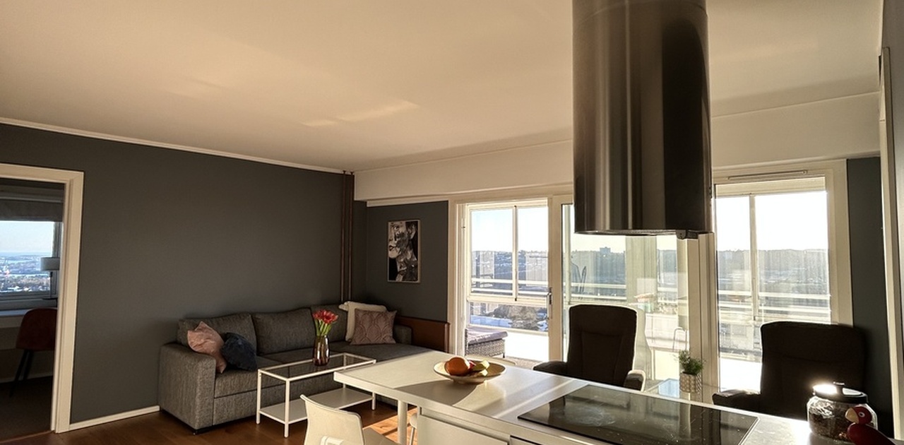 Stue og kjøkken i ett