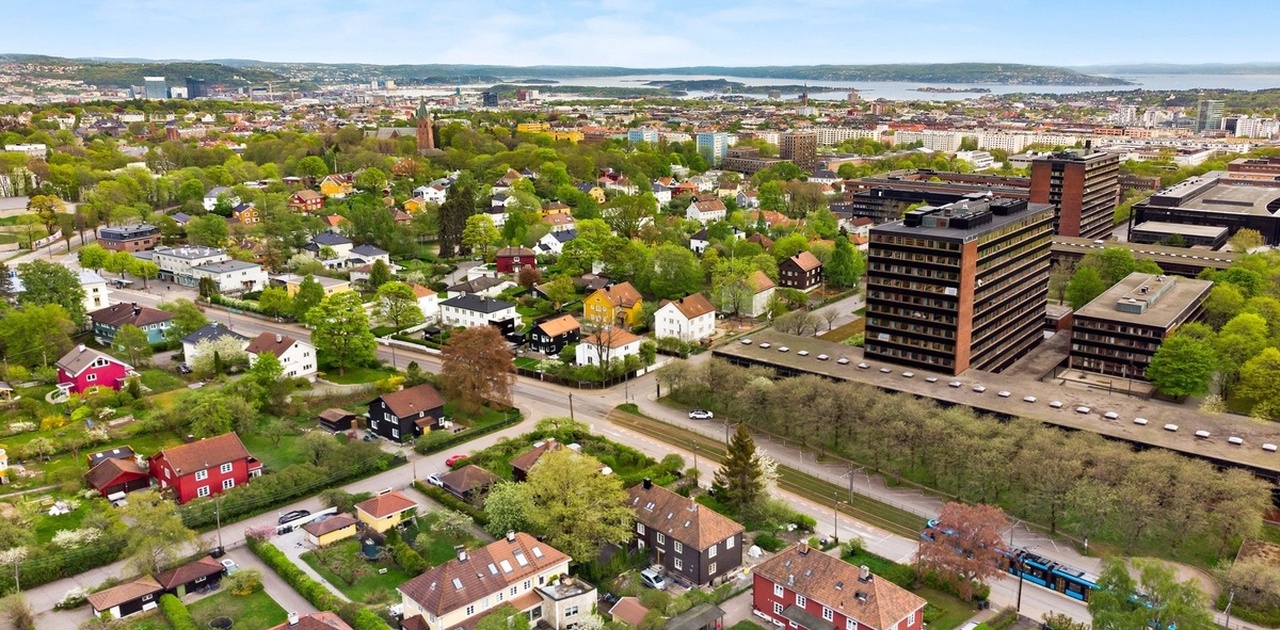 Luftfoto - her ser man avstanden fra huset til universitet