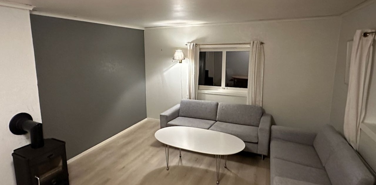 Romslig stue med vedovn