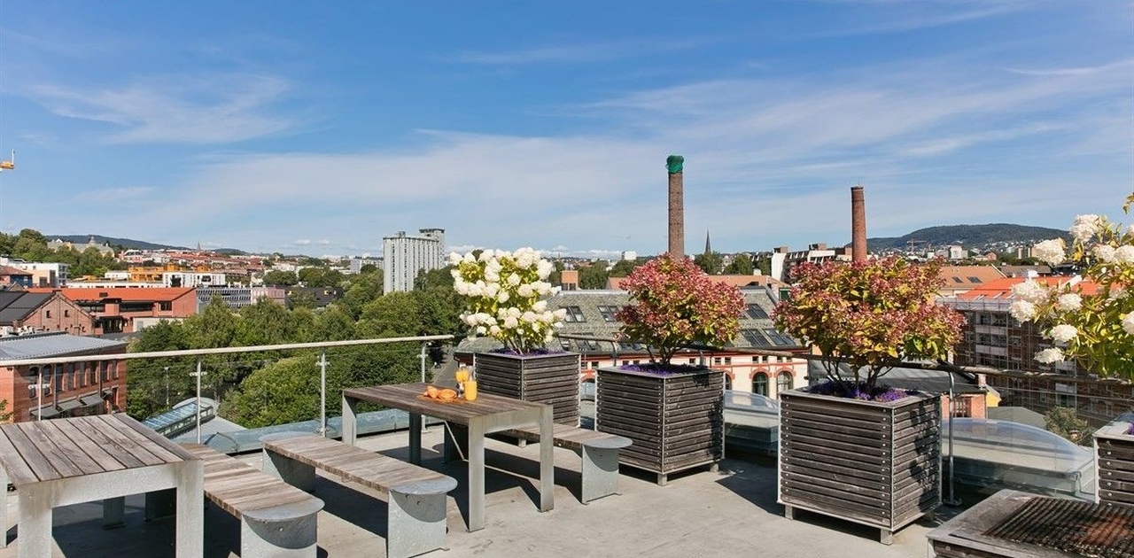 Takterasse med sittegrupper og grill