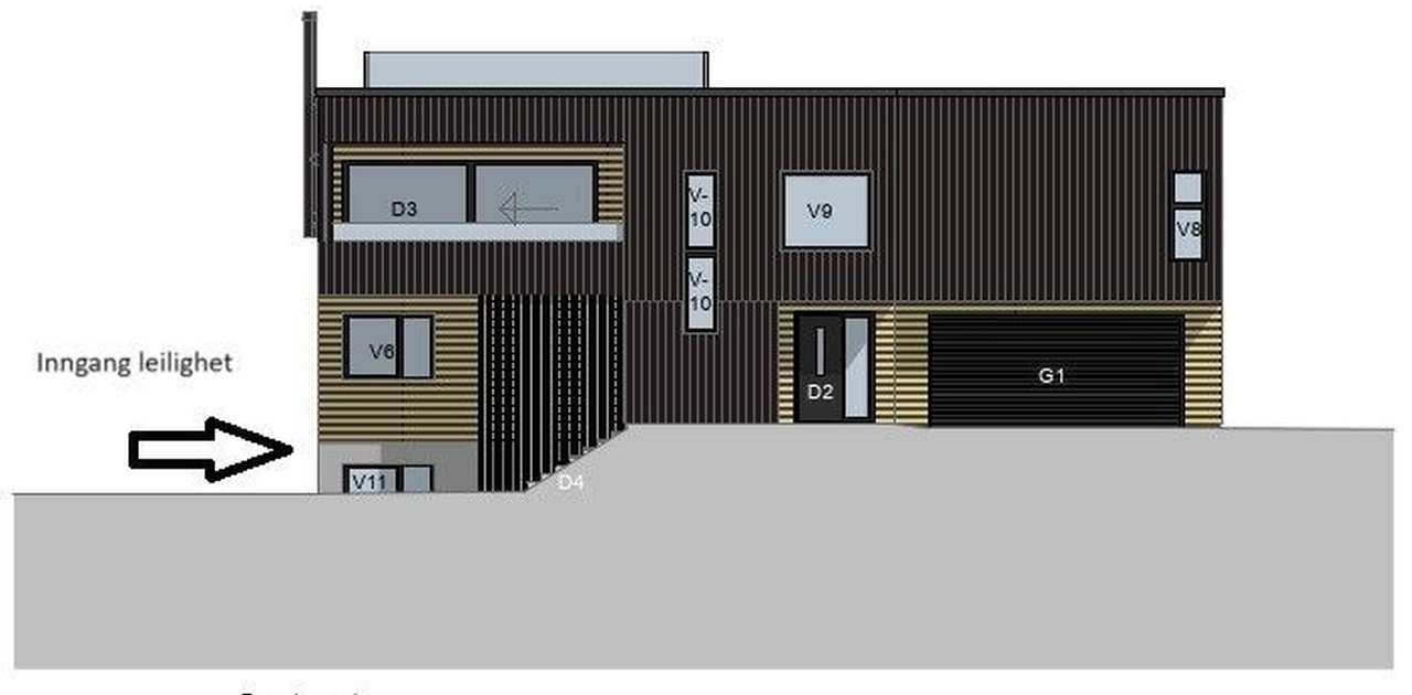 Fasade med egen inngsng til leilighet