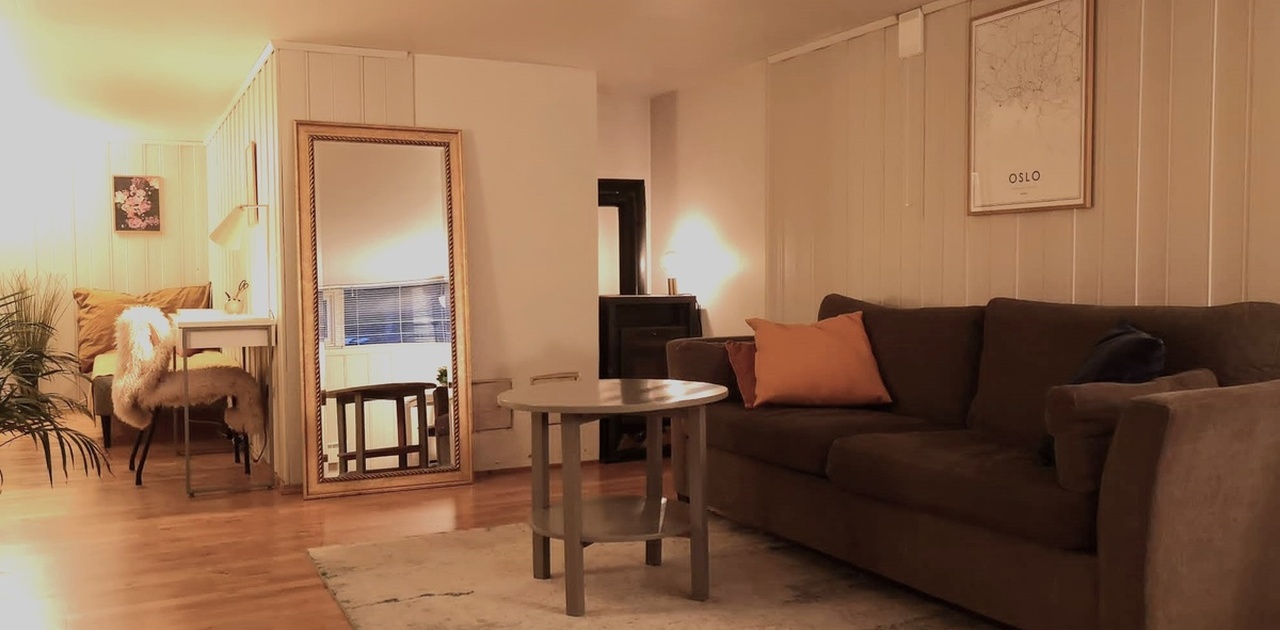 Stue og kjøkken, seng i forlengelsen av stue