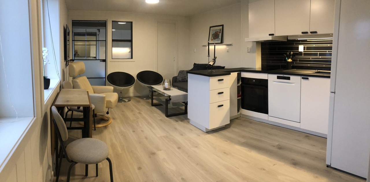 Stue, spiseplass og kjøkken