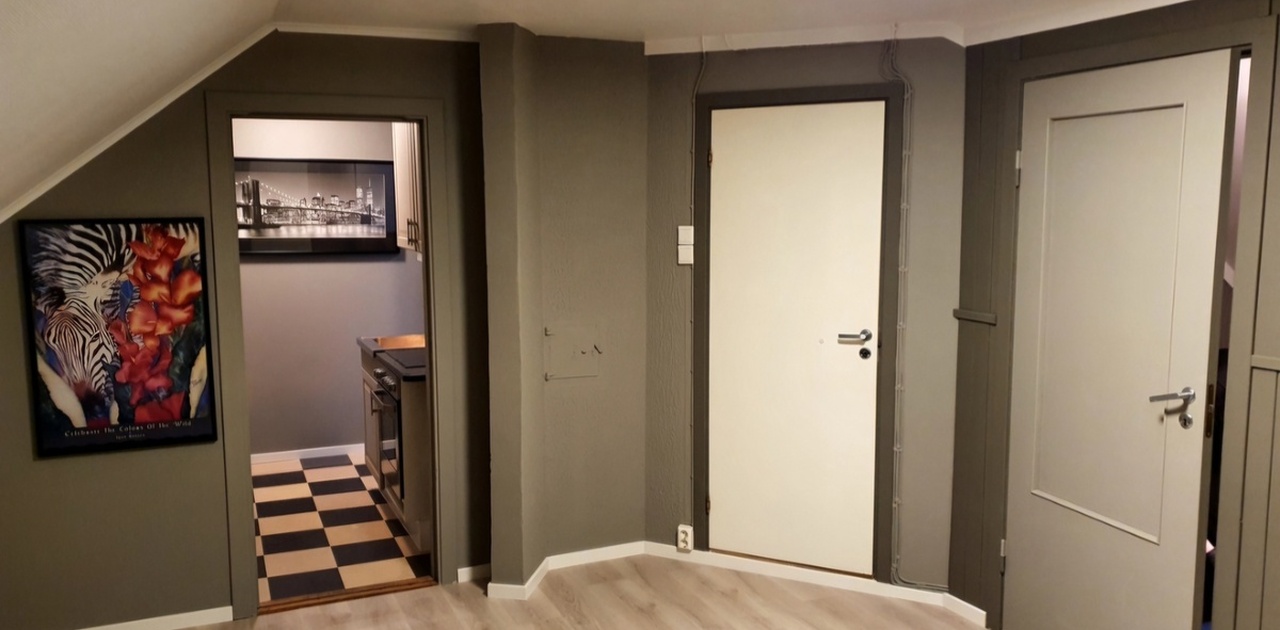 Stue mot kjøkken og bad