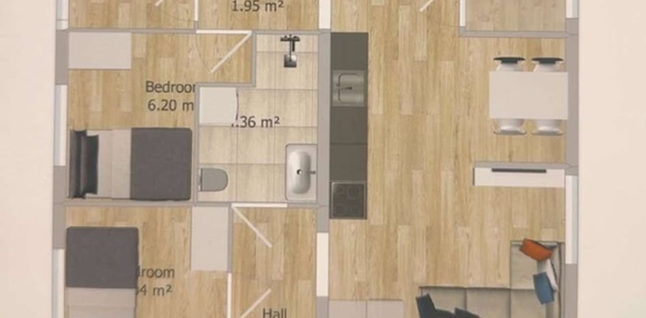 Ca slik er planløsningen. Rom er ca 7m2.