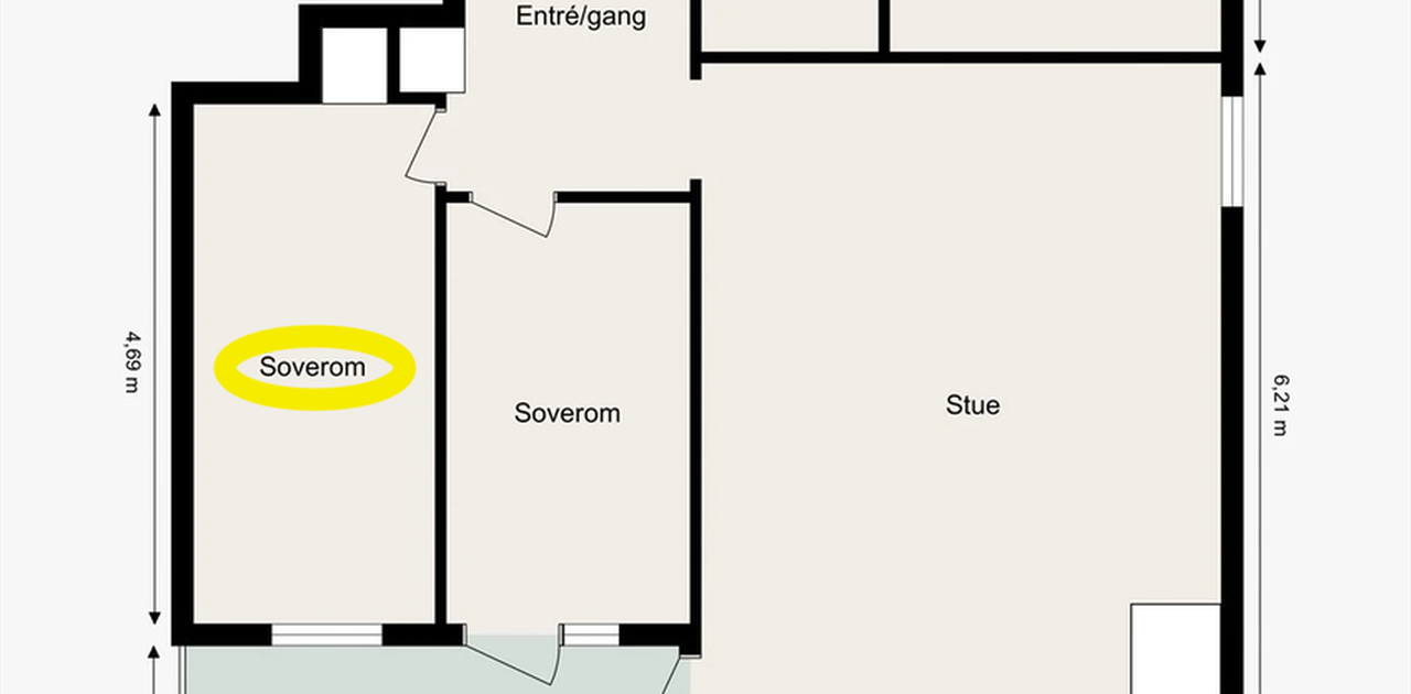 Rommet omringet i gult, venstre hjørne, blir leid ut.