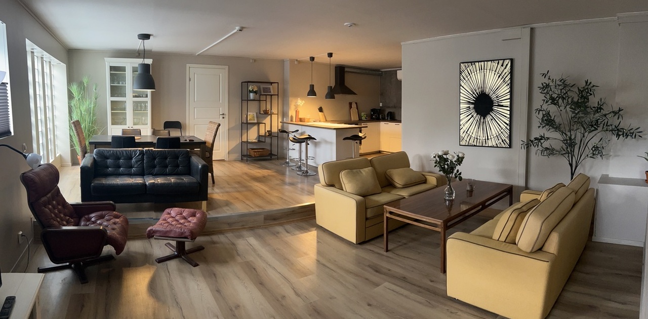 Stor stue med sofagruppe og spisebord