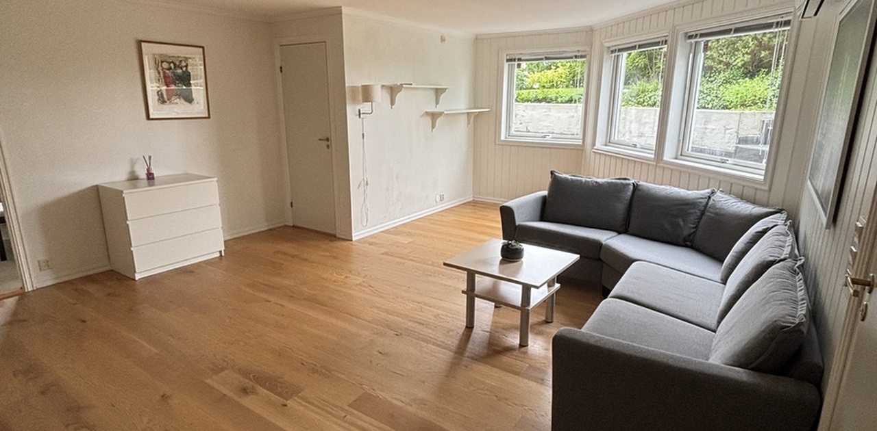 Lys og romslig stue med sofa