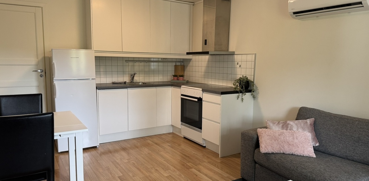 Kjøkkenkrok med oppvaskmaskin, komfyr, kjøleskap og godt med skapplass.