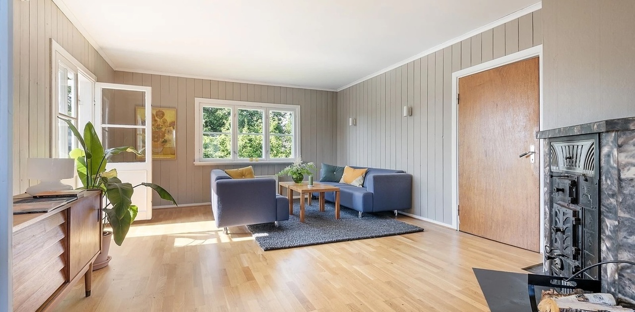 Stor stue med sofa og spisegruppe