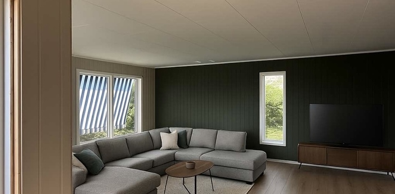 Stor og romslig stue med peis