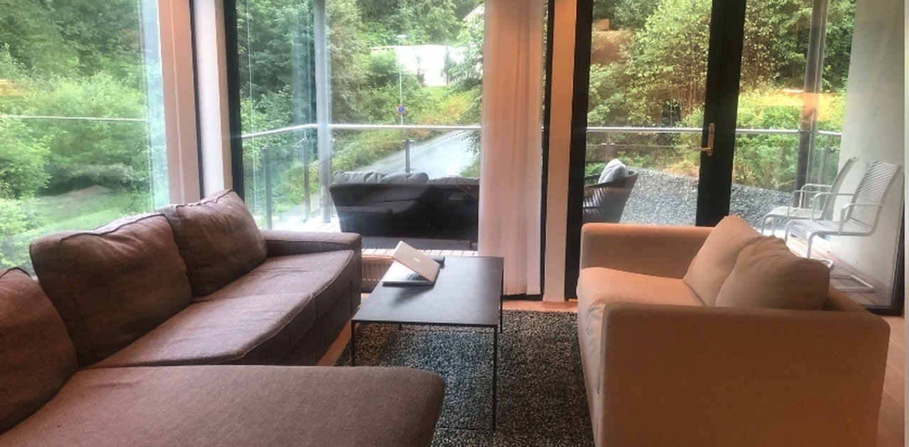 Stue med to nye sofaer. Åpen løsning, 30 kvm stue og kjøkken