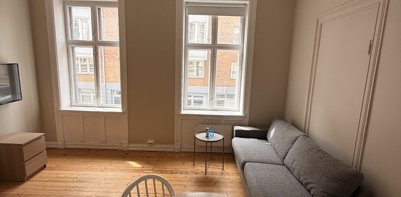 Romslig felles stue med spisebord og sofa