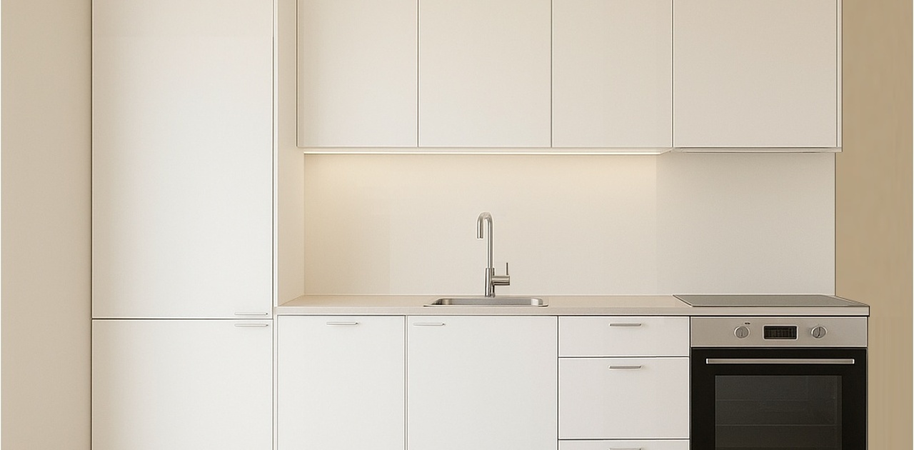 Moderne kjøkken med slette fronter og integrerte hvitevarer (Bildet er en illustrasjon, avvik vil forekomme)