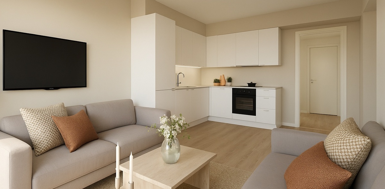 Åpen stue- og kjøkkenløsning med moderne materialvalg (Bildet er en illustrasjon, avvik vil forekomme)