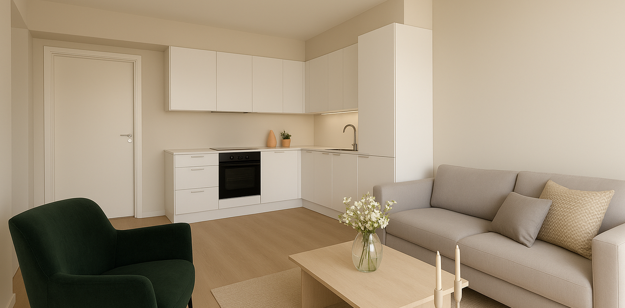 Åpen stue- og kjøkkenløsning med moderne materialvalg (Bildet er en illustrasjon, avvik vil forekomme)