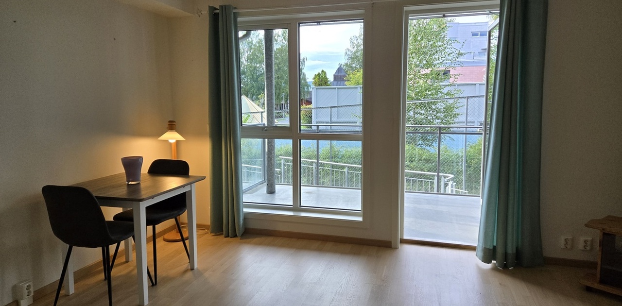 Stue med spisebord og terrasse