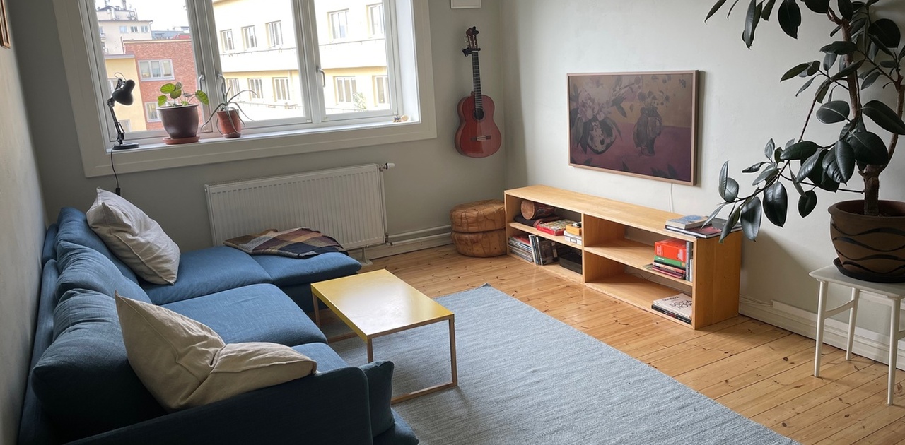 Lys og koselig stue med stor sofa og smart- TV