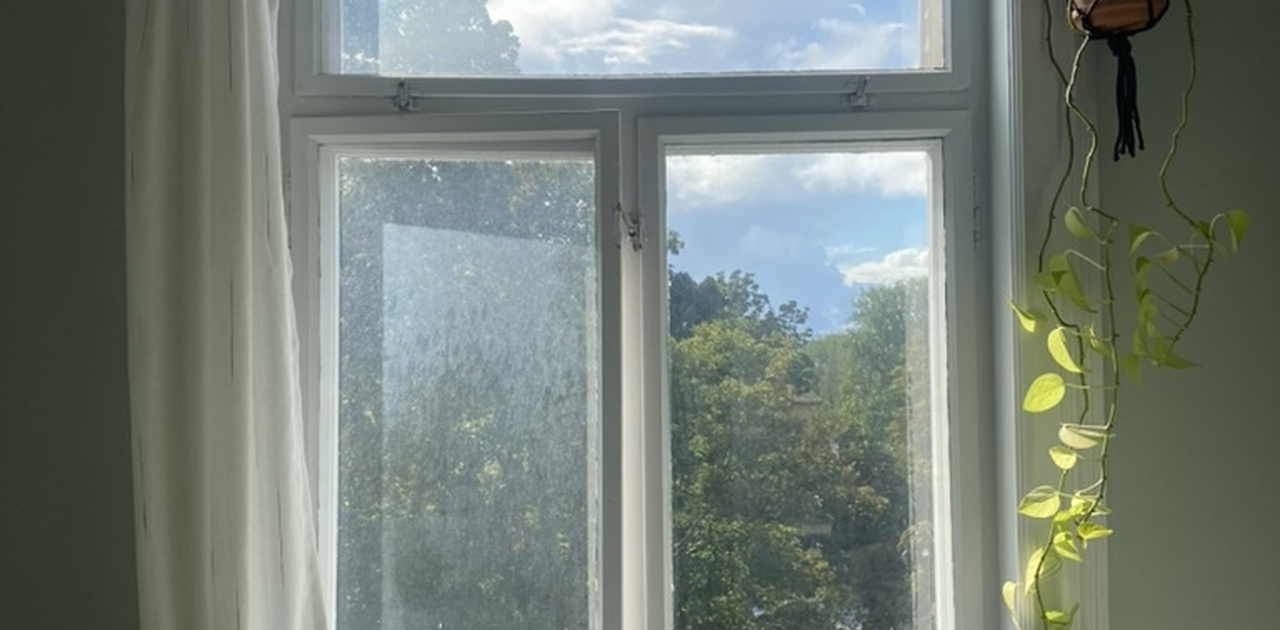 Vinduet på rommet er sørvendt, så det skinner sol nesten hele dagen