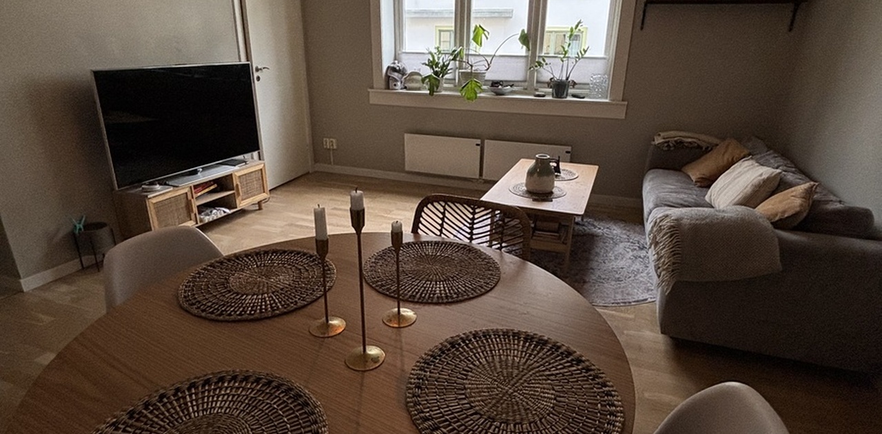Hyggelig stue med eikeparkett