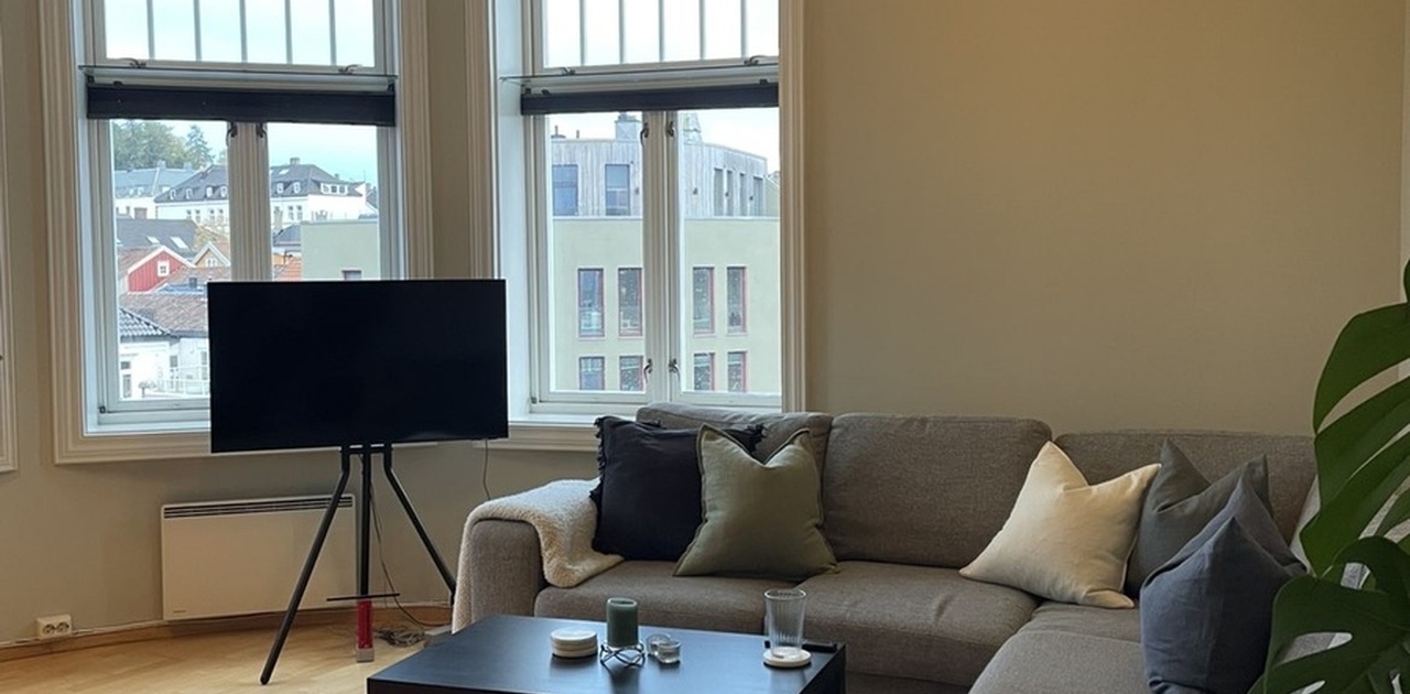 Stue med sofa og TV