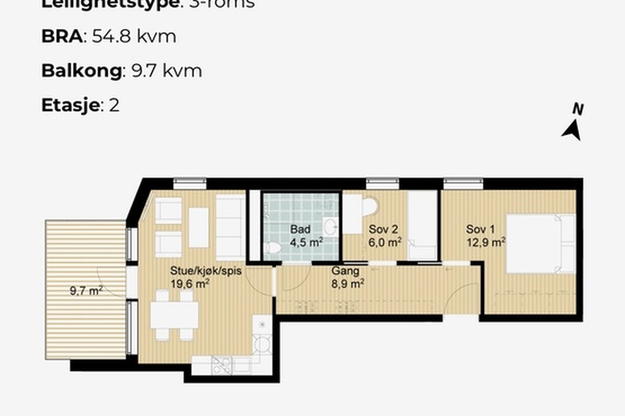 Leilighet, 3 roms