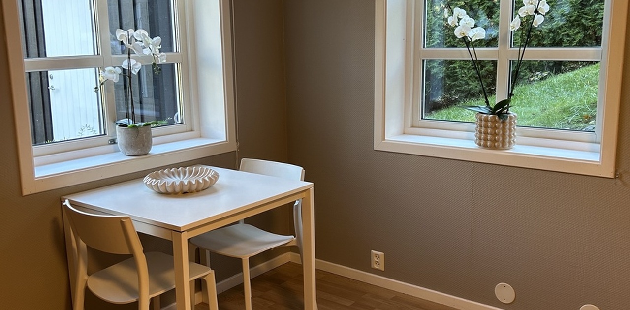 Lys og fin stue med store vinduer