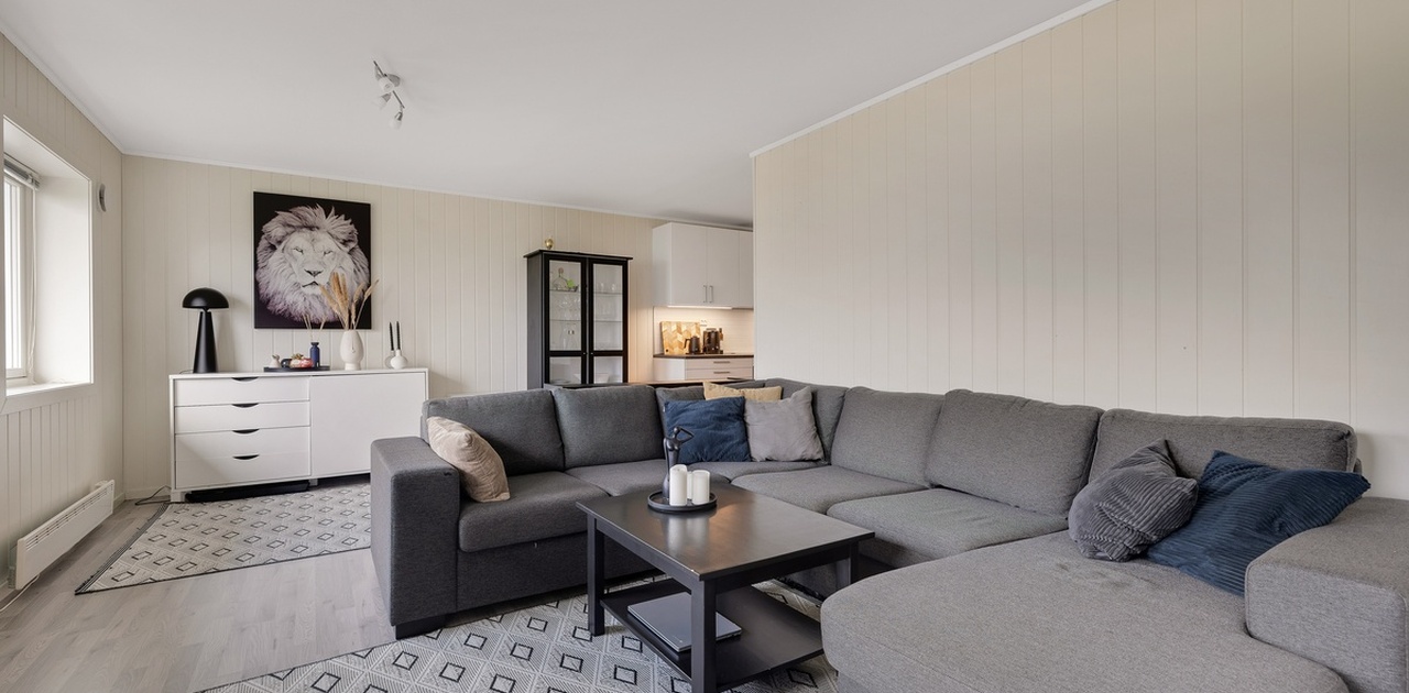 Stue, flott utsikt mot vest til vestre i bildet