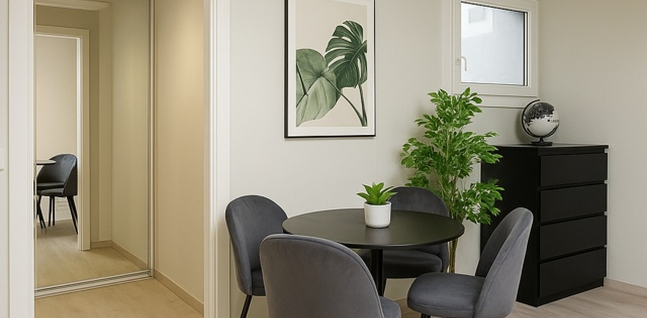 Medfølger speil-garderobe på gangen samt spisebord og 4 stoler.