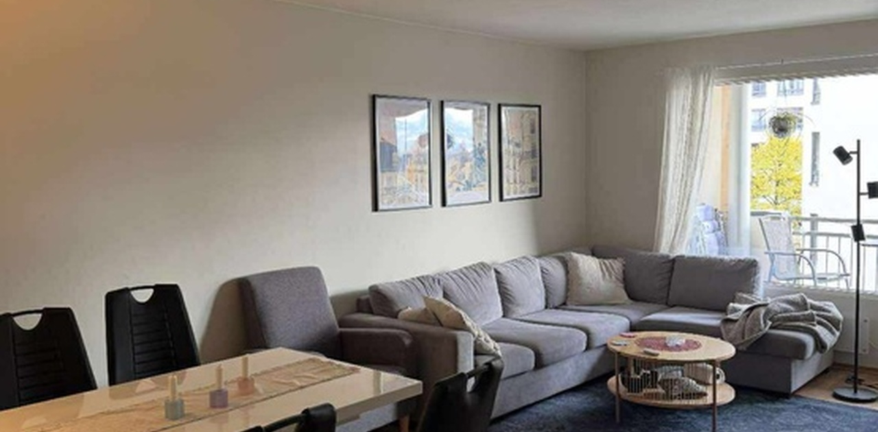 Romslig stue med spisebord, sofa og TV.