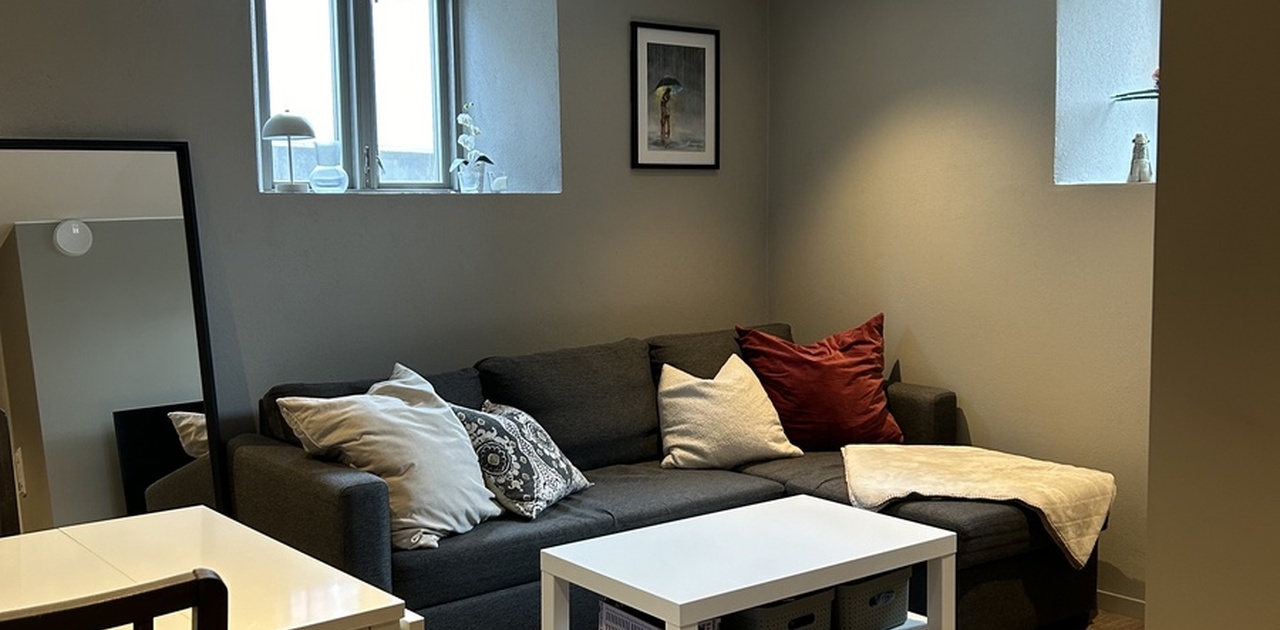 Stue med sofa og spisebord