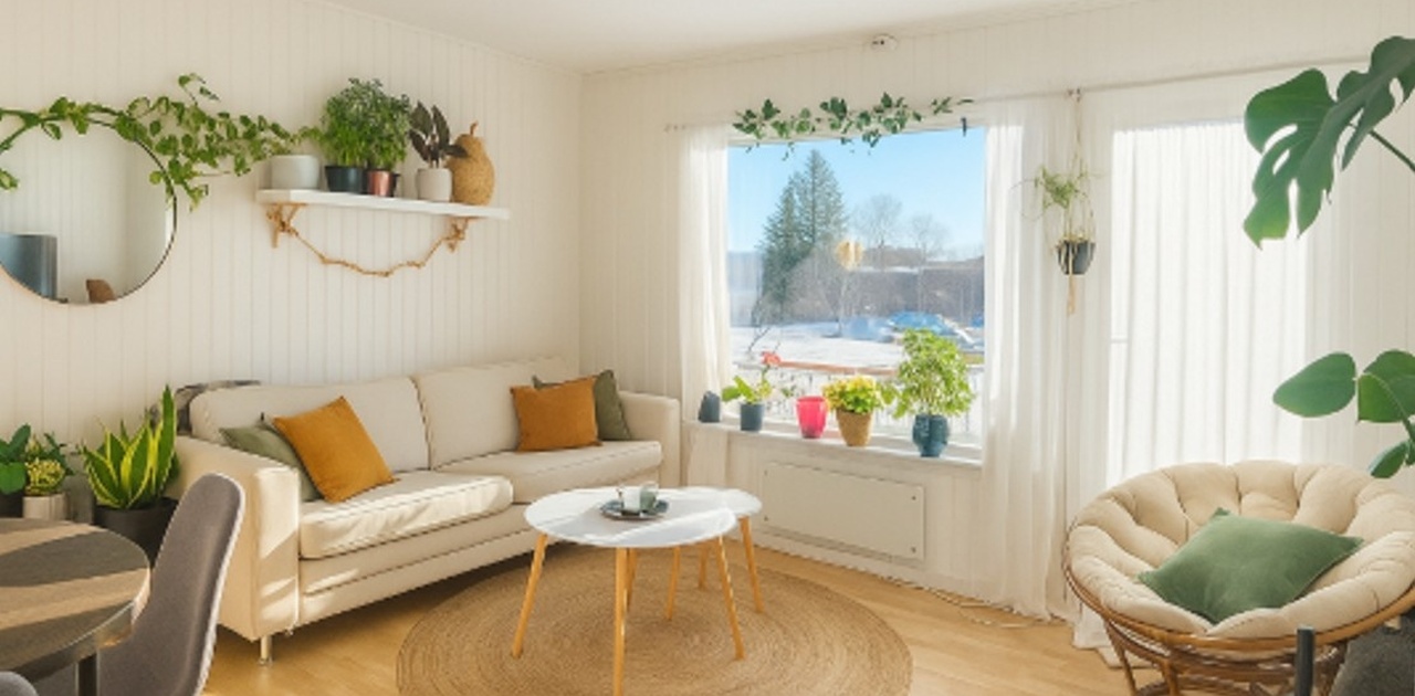 Romslig stue med spisebord og sofagruppe