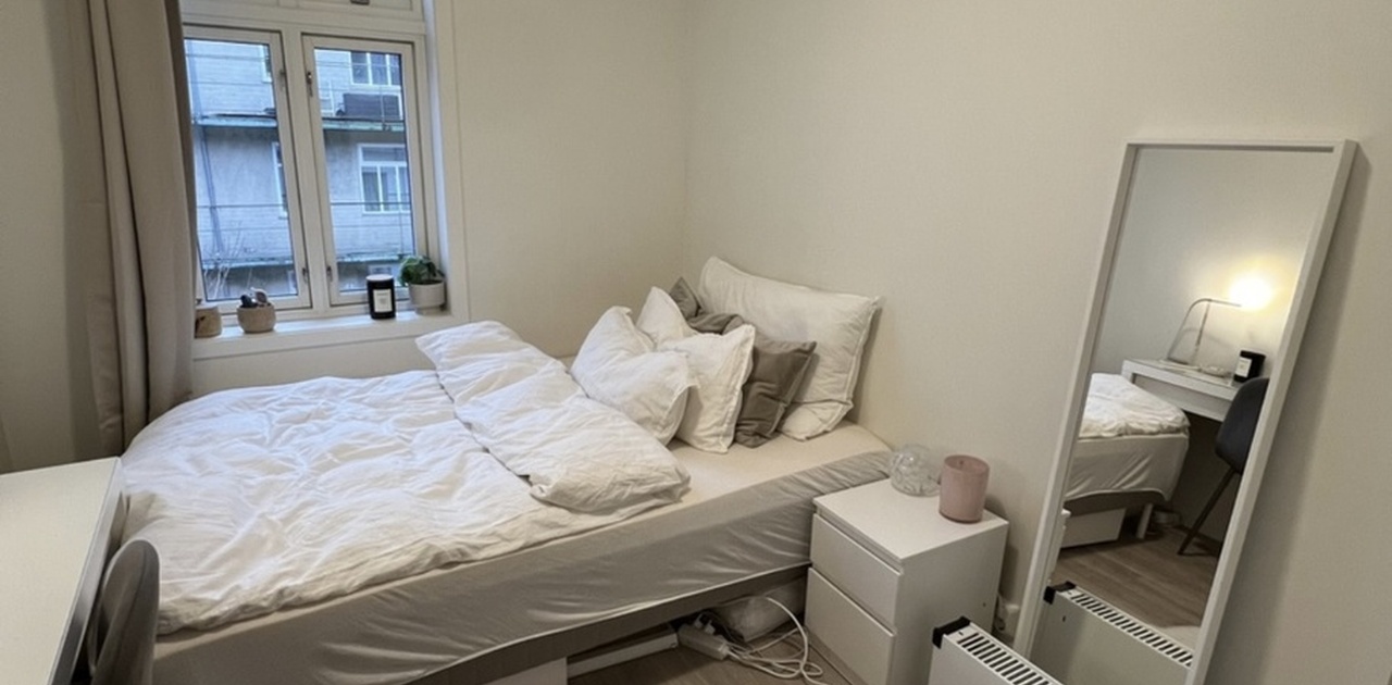 Soverommet som leies ut, vindu ut mot bakhage