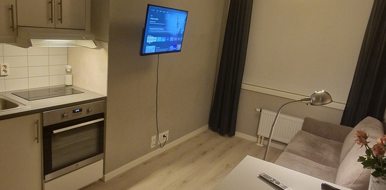 Kjøkken, bord, sovesofa, tv mot vinduet