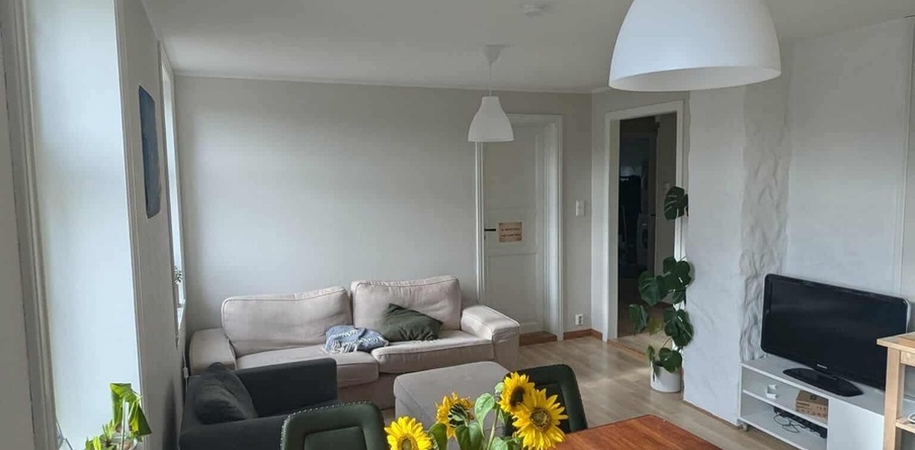 Stue/kjøkkenløsning med sofa, TV og spisebord