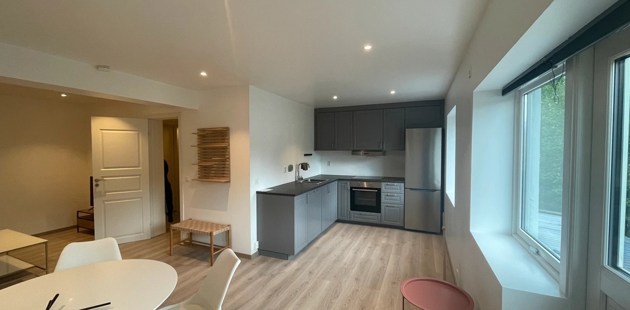 Romslig kjøkken med oppvaskmaskin, integrert platetopp og komfyr